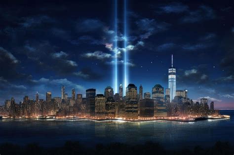 911 Attacks Memorial Lights Beams In Night Sky Over Nyc Free Stock