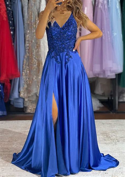 A Line V Neck Sweep Train Charmeuse Prom Dress With Appliqued Beading Sequins Split Spaghetti