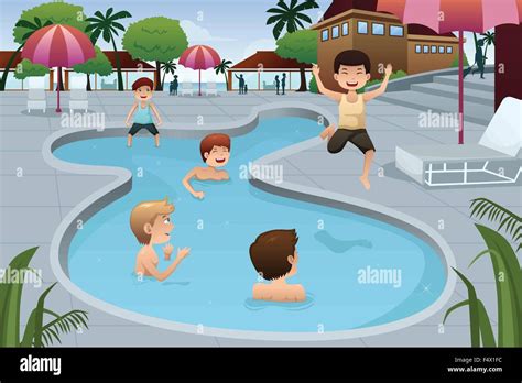A Vector Illustration Of Happy Kids Playing In An Outdoor Swimming Pool