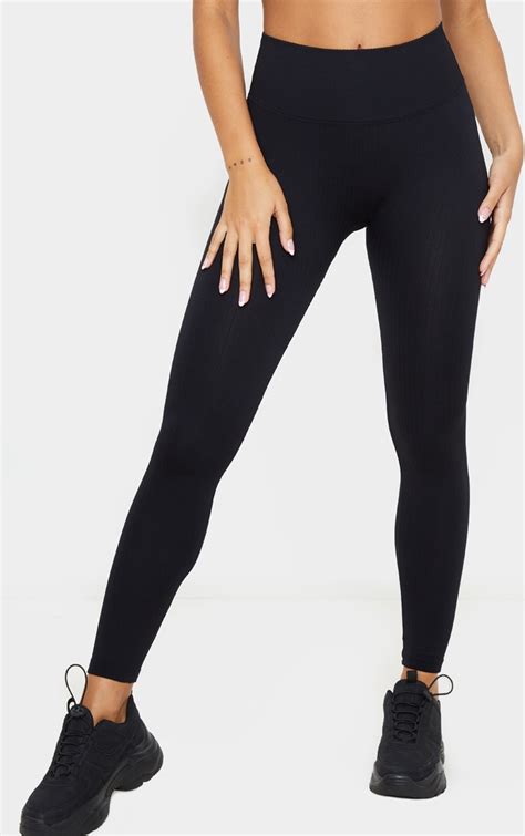 Black Ribbed Seamless Sports Legging Active Prettylittlething Aus