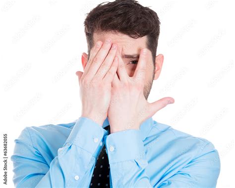 Don T Want To See Shy Man Looking Through His Fingers Stock Photo