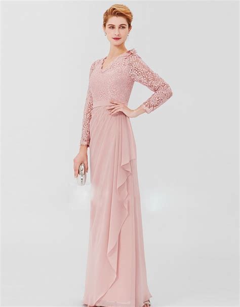 Pink Mother Of The Bride Dresses V Neck Long Sleeves Lace Chiffon A Line Elegantdressesneck