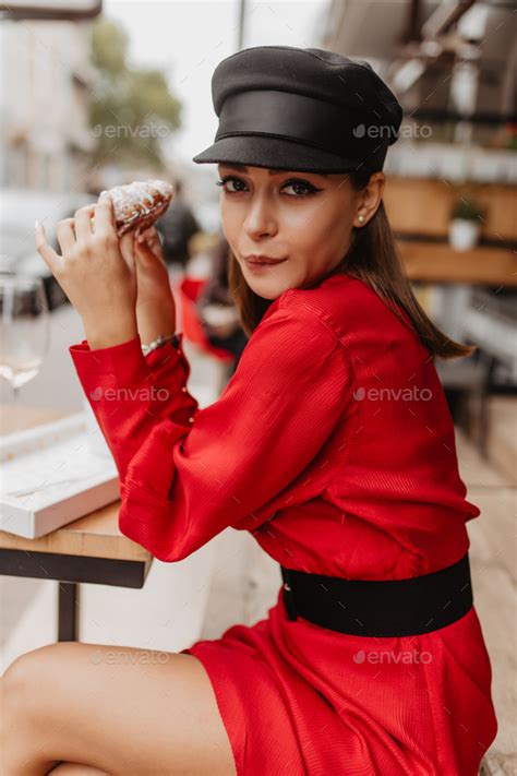 Funny Portrait Of Cute Hungry Girl In Cafe Young Dark Haired Woman