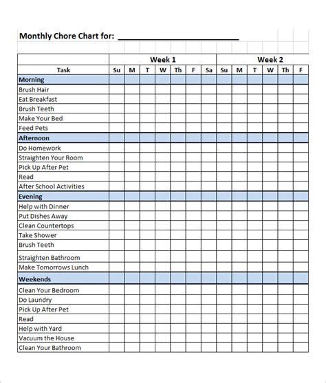 Free Printable Chore Chart Templates Room