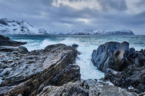 Norwegian Sea Waves On Rocky Coast Of Lofoten Islands Norway Stock