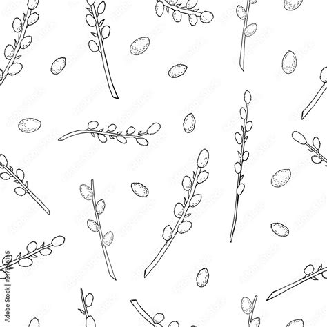 Pussy Willow Seamless Pattern On White Background In Black And White