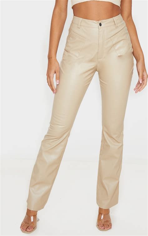Cream Faux Leather Pocket Detail Straight Trouser Prettylittlething Ca