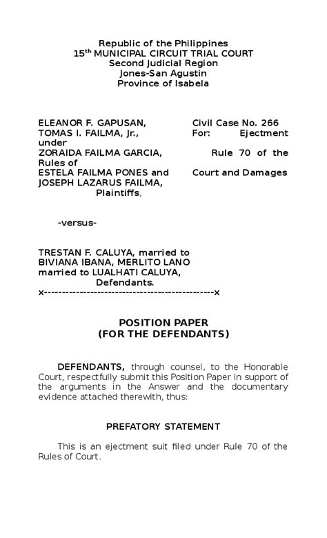 Please fill this form, we will try to respond as soon as possible. (DOC) Position Paper Ejectment Case (defense) | Kevin ...