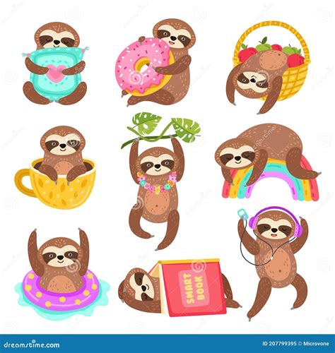 Cute Sloths Funny Sleepy Sloth Isolated Wild Jungle Character Stock