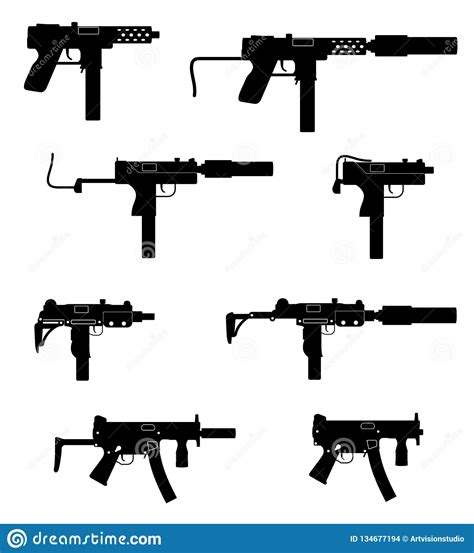 Submachine Machine Hand Gun Weapons Black Outline Silhouette Stock