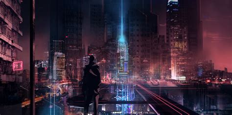 Wallpaper Cityscape Night Cyberpunk Reflection Silhouette
