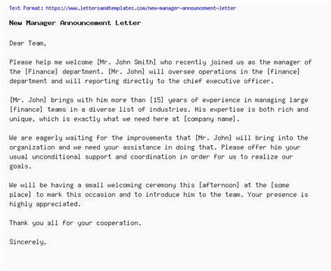 New employee announcement (with template). New Manager Announcement Letter