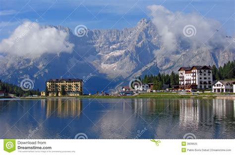 Hotel And Lake At Misurina Royalty Free Stock Photo