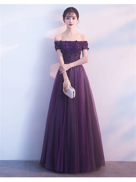 Beautiful Dark Purple Tulle Sweetheart Party Dress Off Shoulder Formal Gown Purple Prom Dress