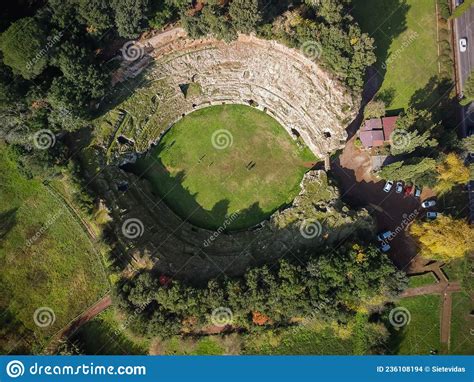 Aerial View Of Ancient Roman Stone Amphitheater In The Town Of Sutri