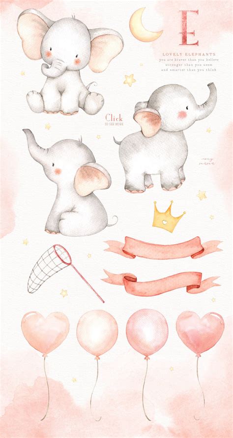 Lovely Elephants Pink Watercolor Clip Art Elephant Clipart Etsy