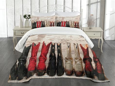Western Bedspread Set Queen Size American Legend Cowgirl Leather Boots Rustic Wild West Theme