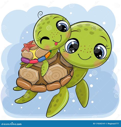 Cartoon Water Turtles Father And Son On A Blue Background Stock Vector