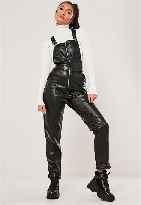 Black Faux Leather Dungaree Jumpsuit Missguided Leather Overalls Vinyl Clothing Black