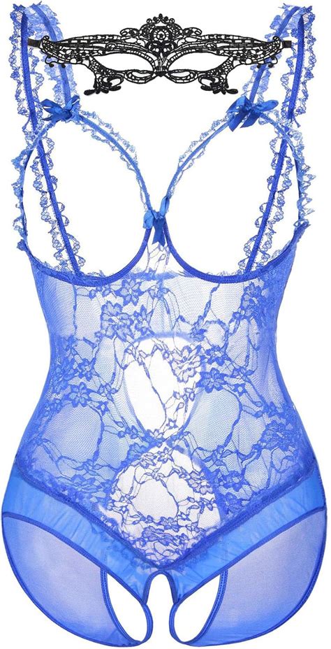 iyiss women s mesh lace open cup crotchless teddy lingerie with eye mask m us size s blue