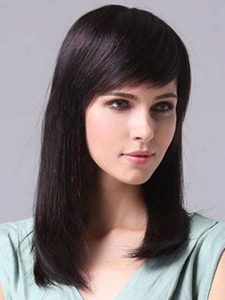 Side Swept Bangs Chestnut Brown Long Human Hair Womens Synthetic Wig