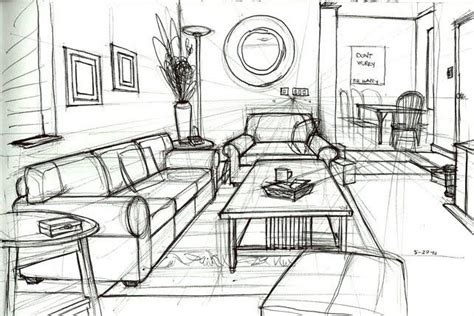Living Room One Point Perspective Drawing Perspective Room Interior