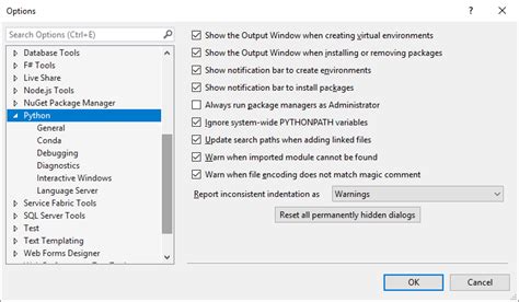 Options And Settings For Python Visual Studio Windows Microsoft Docs