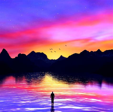 Wallpaper Silhouette Sea Art Mountains Colorful Sunset Hd