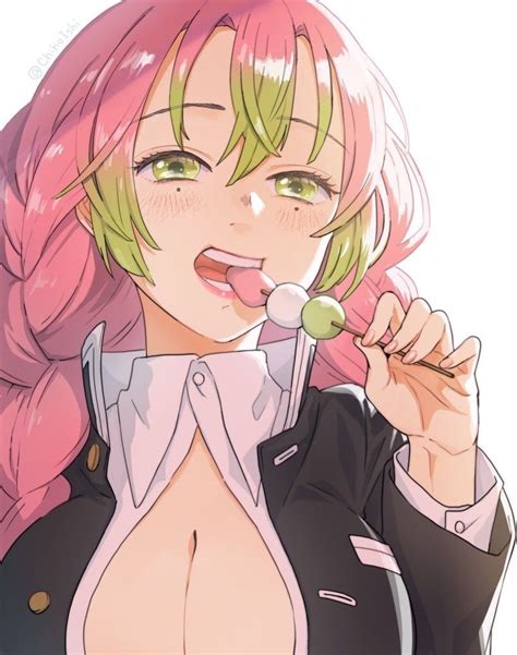 A Woman With Pink Hair And Green Eyes Is Holding A Spoon In Her Hand