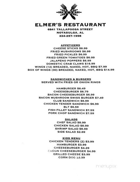 Menu Of Elmers Restaurant In Notasulga Al 36866