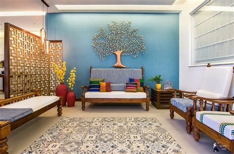 Low Budget Indian Living Room Interior With Bright Color Concept