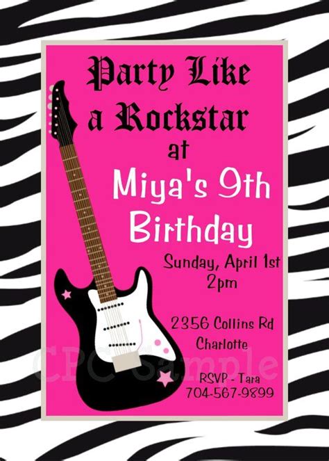 Girls Rock Star Birthday Invitations Printable Rock N Roll Guitar Party
