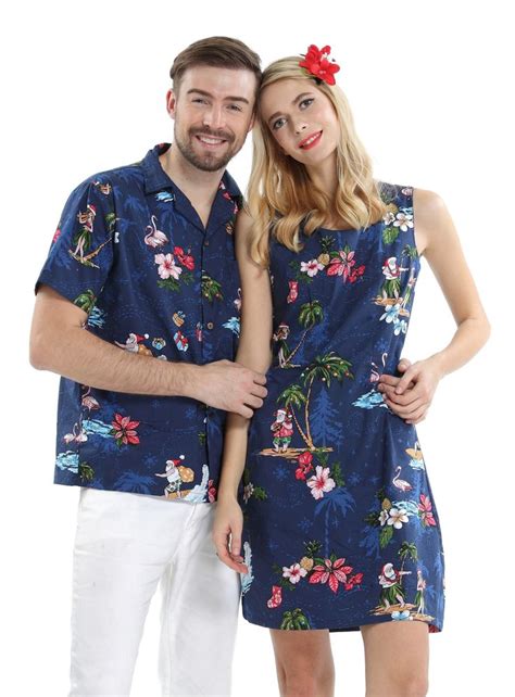 Couple Matching Men Aloha Shirt And Women Dresses In Santa Navy