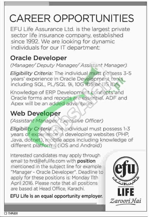 EFU Life Insurance Jobs Mar / Apr 2016 for Oracle & Web ...