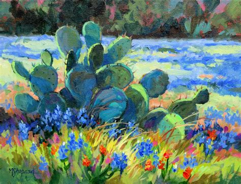 11x14 Acrylic Of Prickly Pear Cactus In A Bluebonnet Meadow