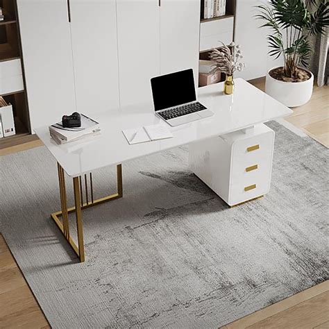 63 Modern White Office Desk With Side Cabinet And Drawer In Gold Base
