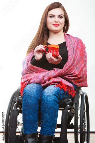 Cheerful Crippled Lady On Wheelchair Stock Photo And Royalty Free