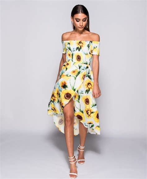 Sunflower Print Shirring Detail Bardot Dress Bardot Dress Long Sleeve Swing Dress Plus Size