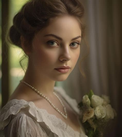 Premium Ai Image A Woman In A White Dress With A Pearl Necklace And A Pearl Necklace