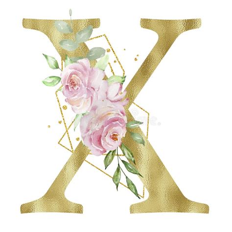 Floral Watercolor Alphabet Golden Letter X With Roses Stock Photo