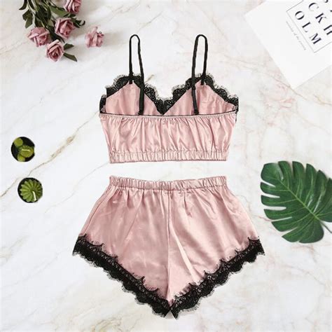 Sexy Pink Satin Spaghetti Strap Camisole And Panty Lace Trims Lingerie