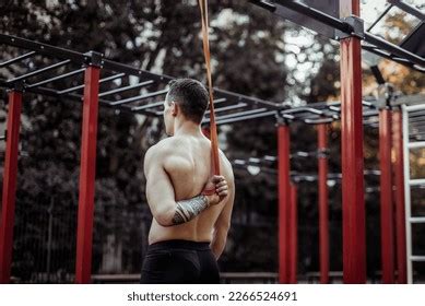 Athletic Male Athlete Naked Torso Trains Stock Photo
