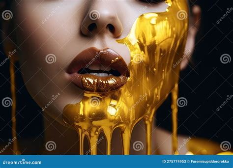 Paint Drips From The Lips Golden Liquid Drops On Beautiful Model Girl S Mouth Creative
