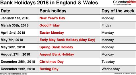 Bank Holidays 2018 In The Uk With Printable Templates