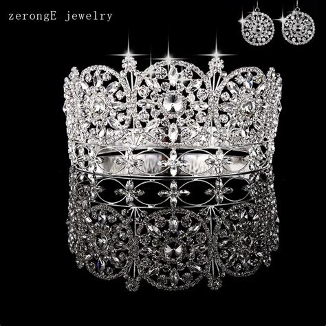 Large Noble Full Circle Crown Pageant Miss World Rhinestone Round Full Tiara Crown With Earring