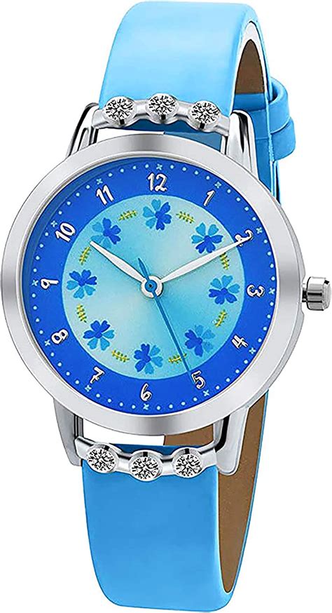Girls Watches,Flowers Diamond Wrist Watch PU Leather Band Analog Quartz Cute Waterproof Watches 