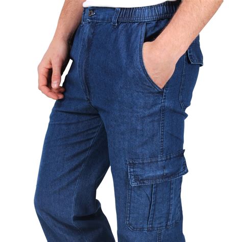 Mens Denim Combat Trousers Jeans Chinos Elasticated Waist Loose Cargo