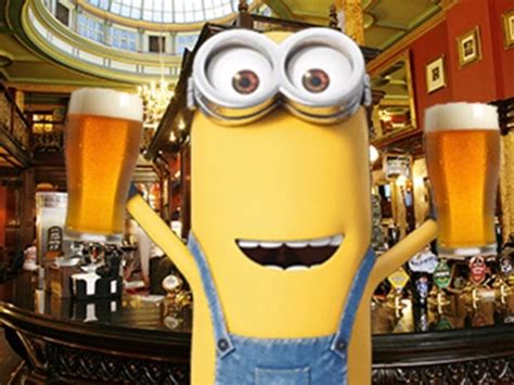A Minion Holding Two Beer Glasses In Front Of A Bar