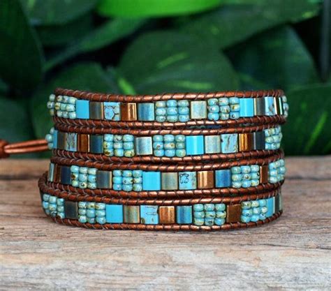 Turquoise And Bronze Tile And Seed Bead Multi Wrap Bracelet Etsy