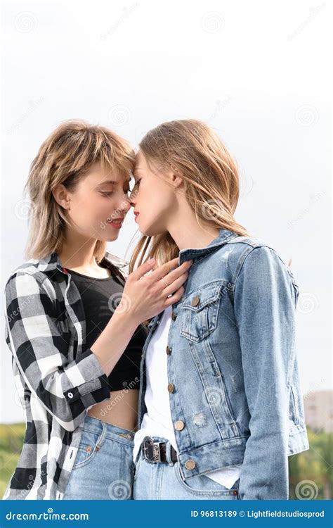Lesbian Couple Kissing With Eyes Closed Outdoors Stock Image Image Of Attractive Lgbt 96813189
